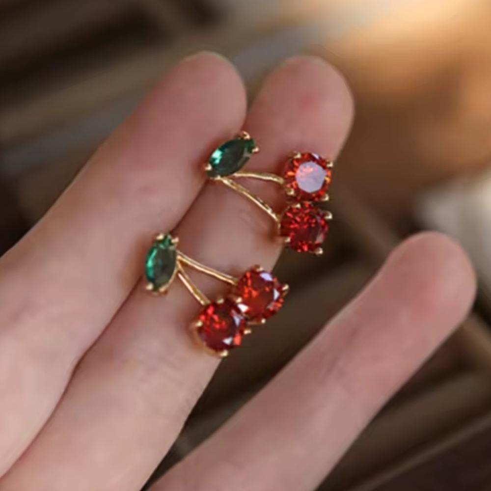 Red Cherry Gold Drop Earrings - Picture 2 of 6